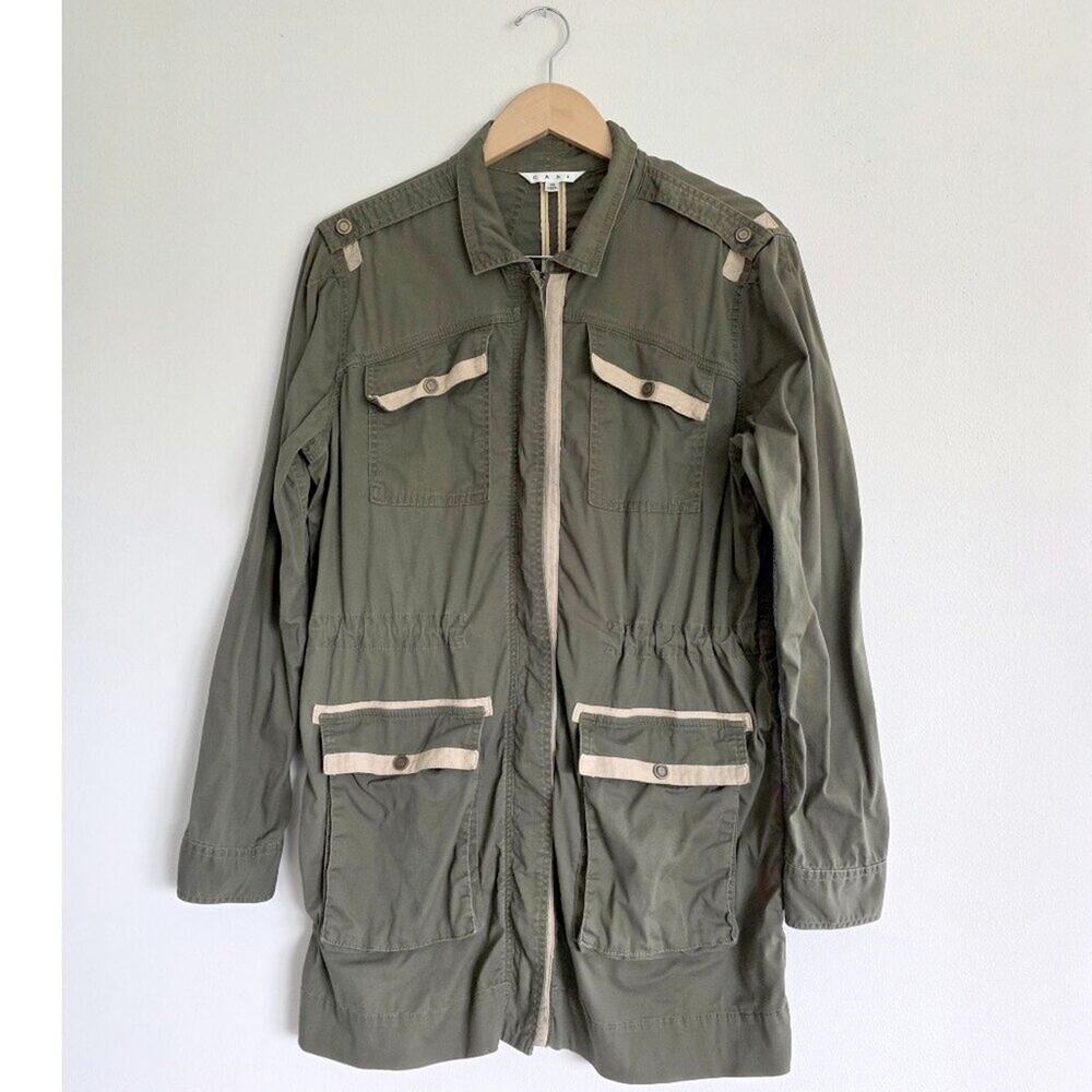Cabi Military Utility Anorak Safari Jacket Contrast Trim Olive Green